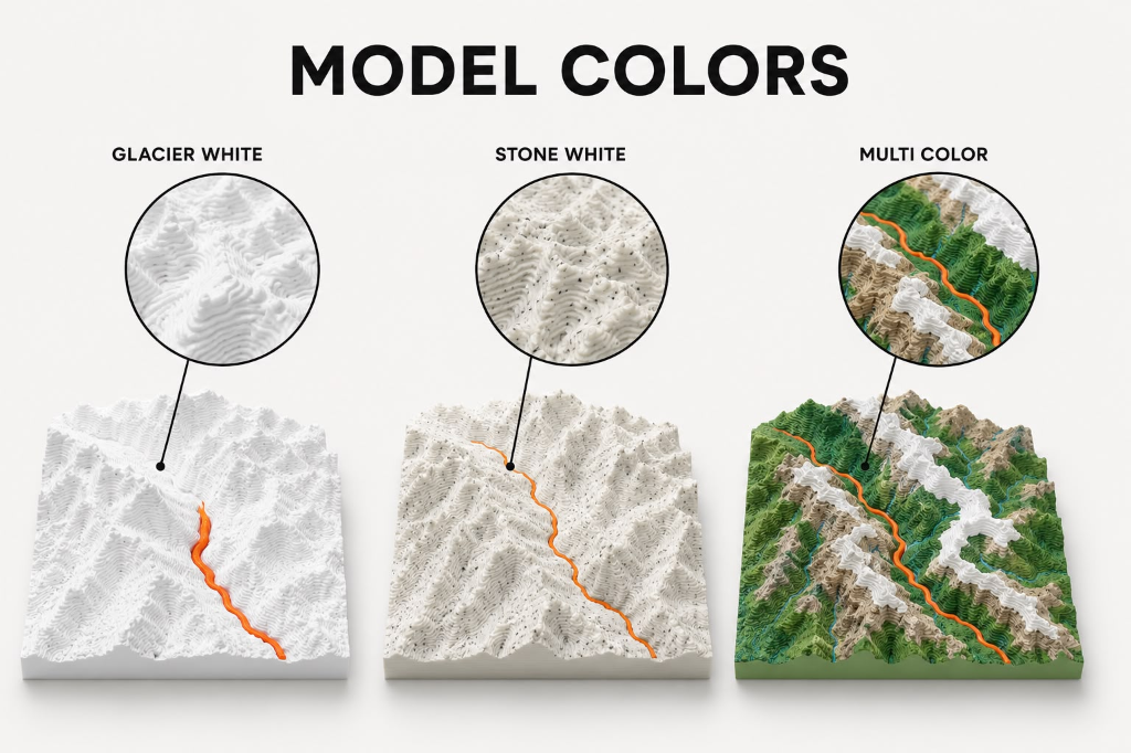 Glacier White, Stone White, and Multi Color terrain options